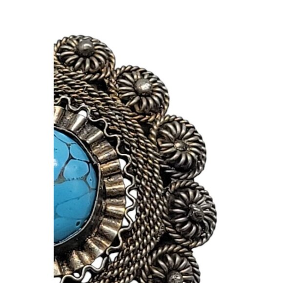 Faux Turquoise Silver Plated Brooch Pendant Blue Glass Filigree Setting Vintage - Picture 10 of 16